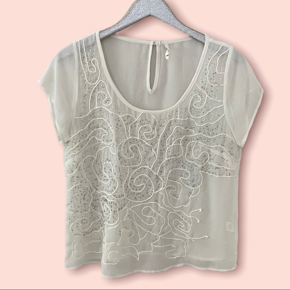 Willow & Clay Sheer White Blouse with Beaded Flower Design